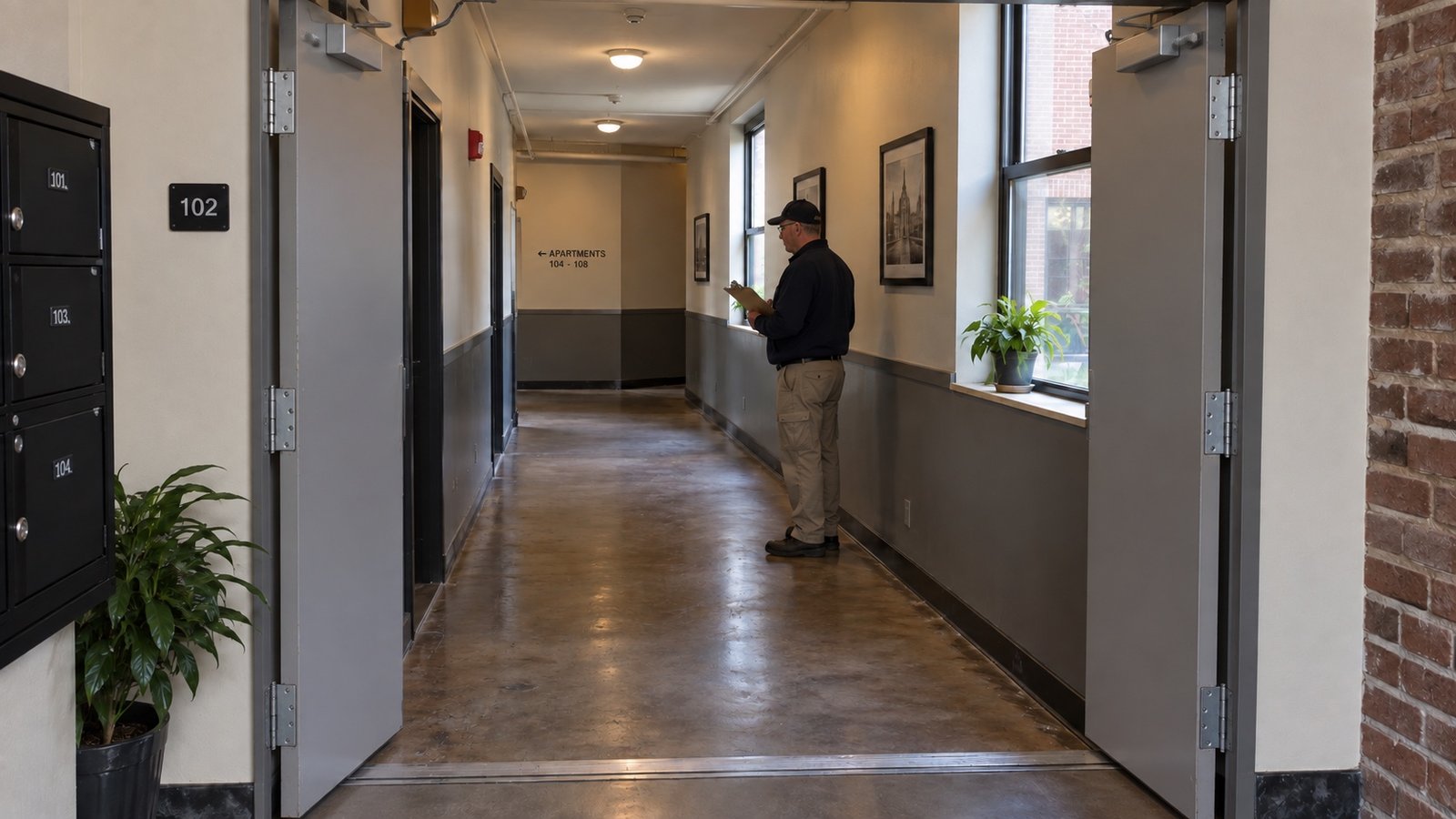 Apartment hallway and shared mailboxes A caretaker checking a clear service corridor through open double doors.