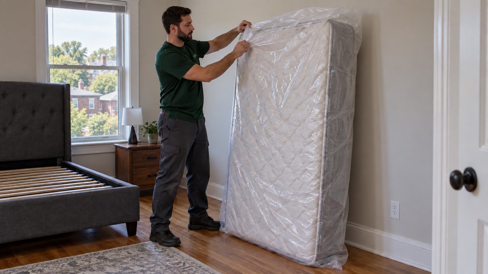 A mover drawing a clear protective bag over an upright mattress in a bedroom.