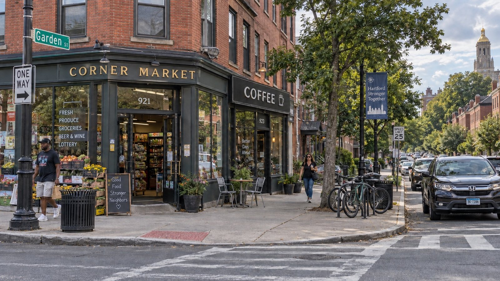 A corner store beside brick apartment buildings with bicycles and distant pedestrians.