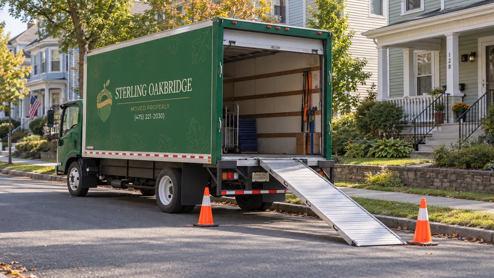 A green Sterling Oakbridge moving truck with a continuous loading ramp to the road beside residential homes.