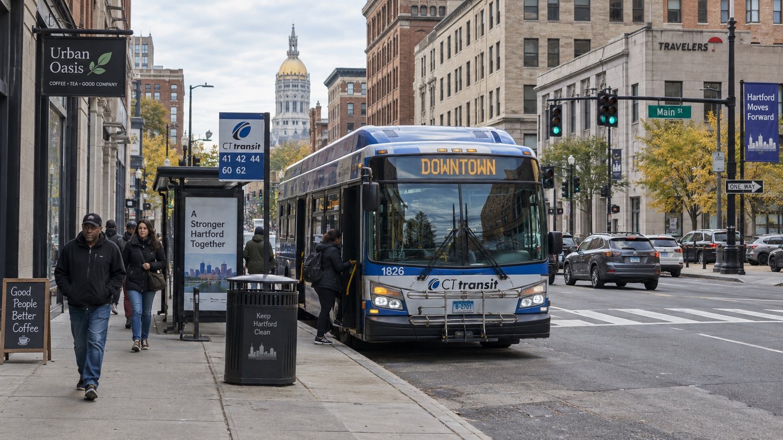 A downtown street with mid-rise office buildings and a city bus at a stop.