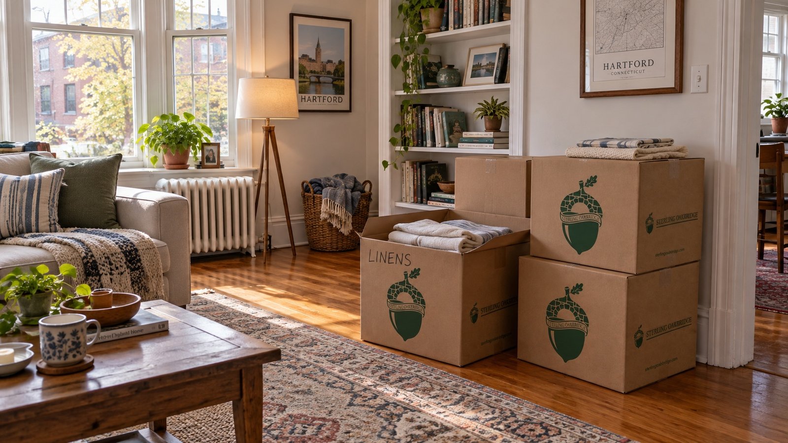 A furnished living room with a bay window and sealed moving boxes stacked by the wall.