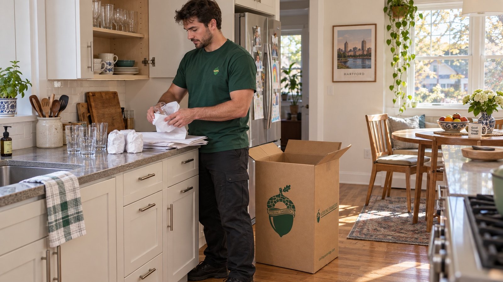 A Sterling Oakbridge mover wrapping glassware beside a branded China carton in an updated Hartford kitchen.