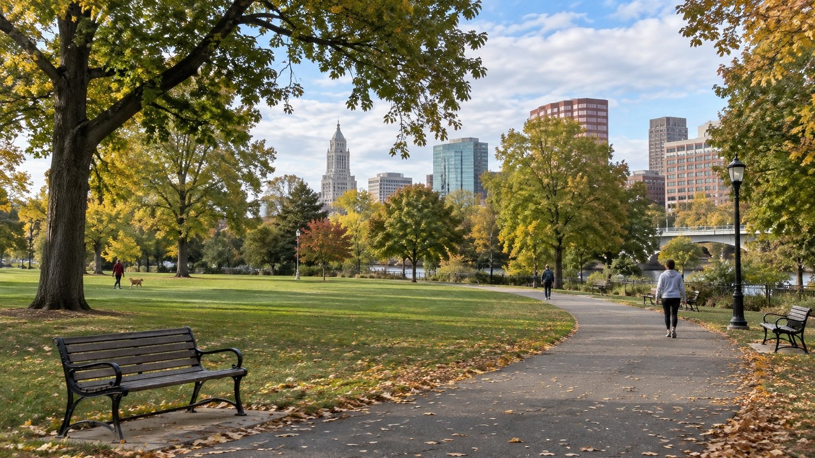 A public park lawn with mature trees, curved paths and buildings above the tree line.