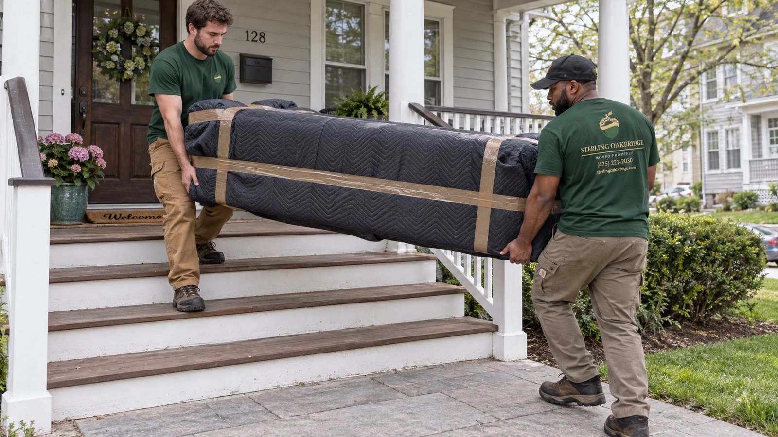 Two movers carrying a blanket-wrapped sofa down the wooden steps of a porch.