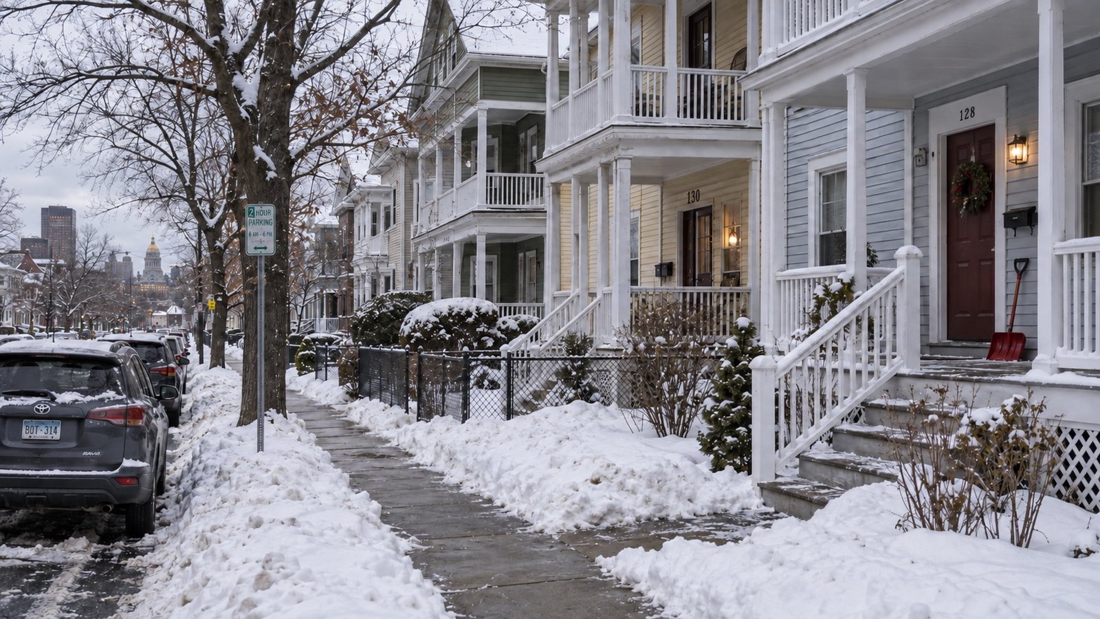 A residential street after snowfall with plowed snow along the curb and a cleared sidewalk.