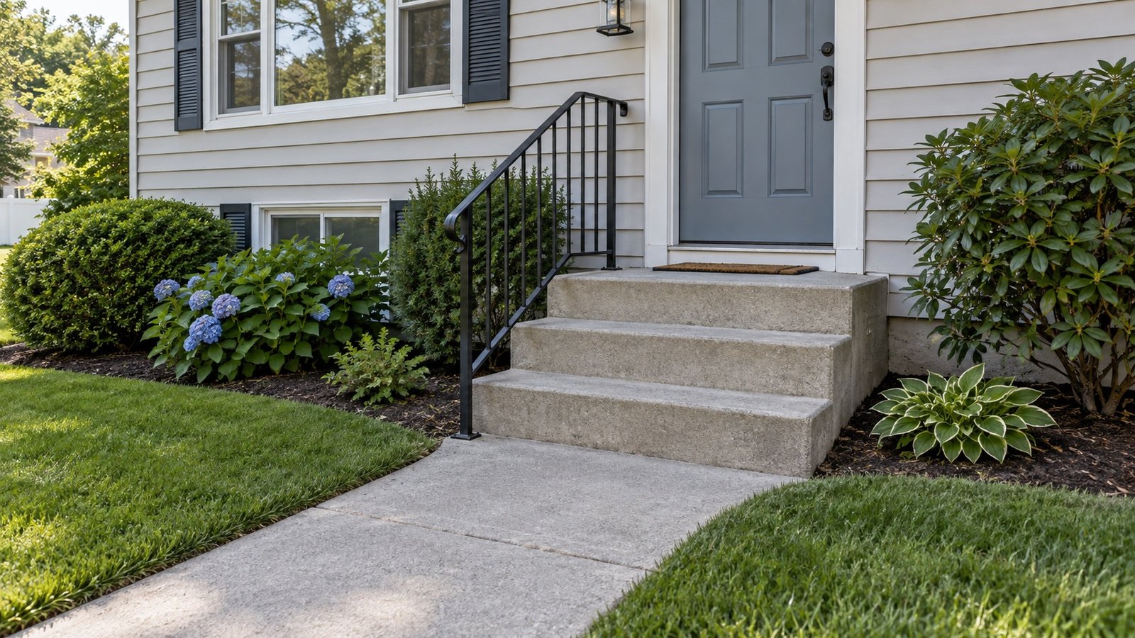 Three concrete steps and a continuous black handrail leading to a blue-gray door