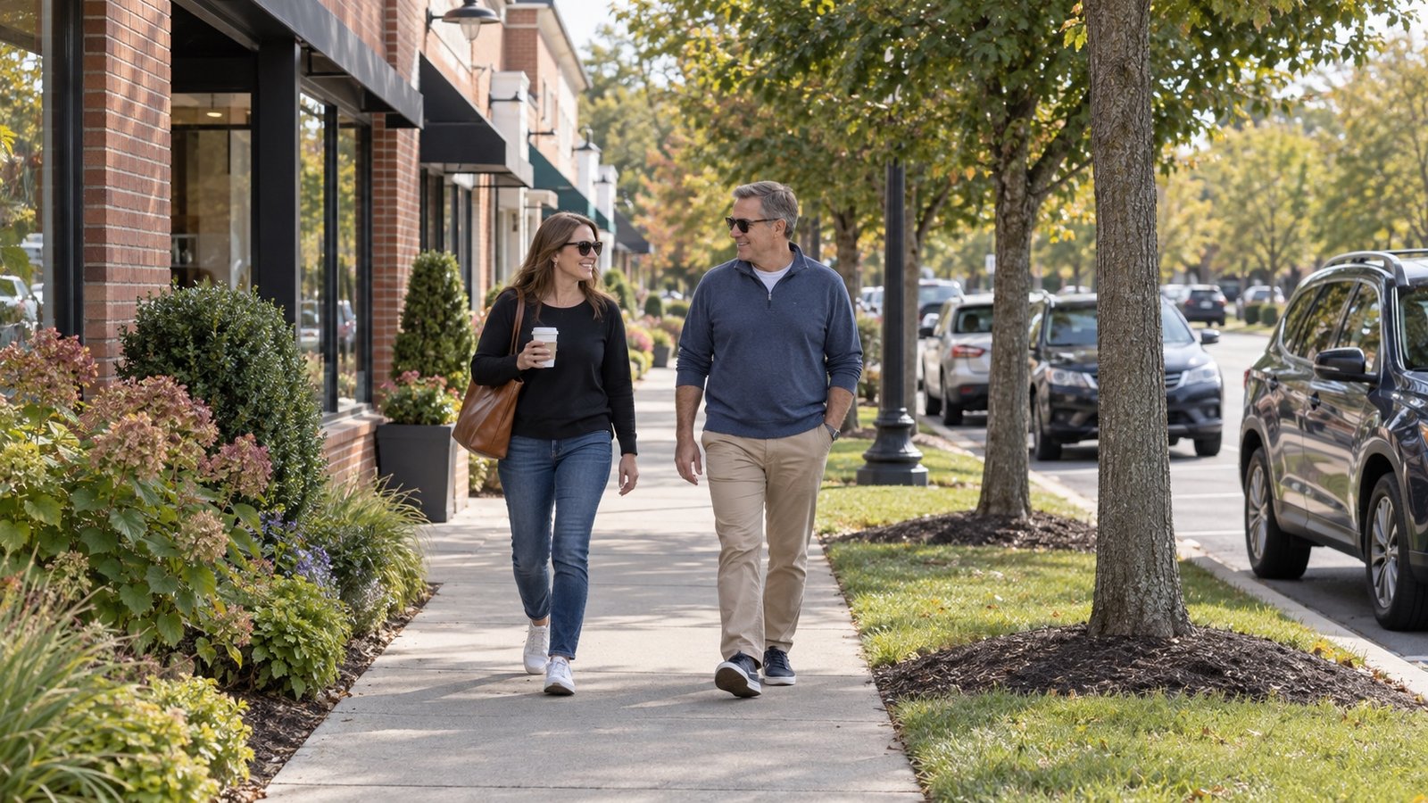 Two adults walking on a sidewalk beside low brick shops and a planted verge