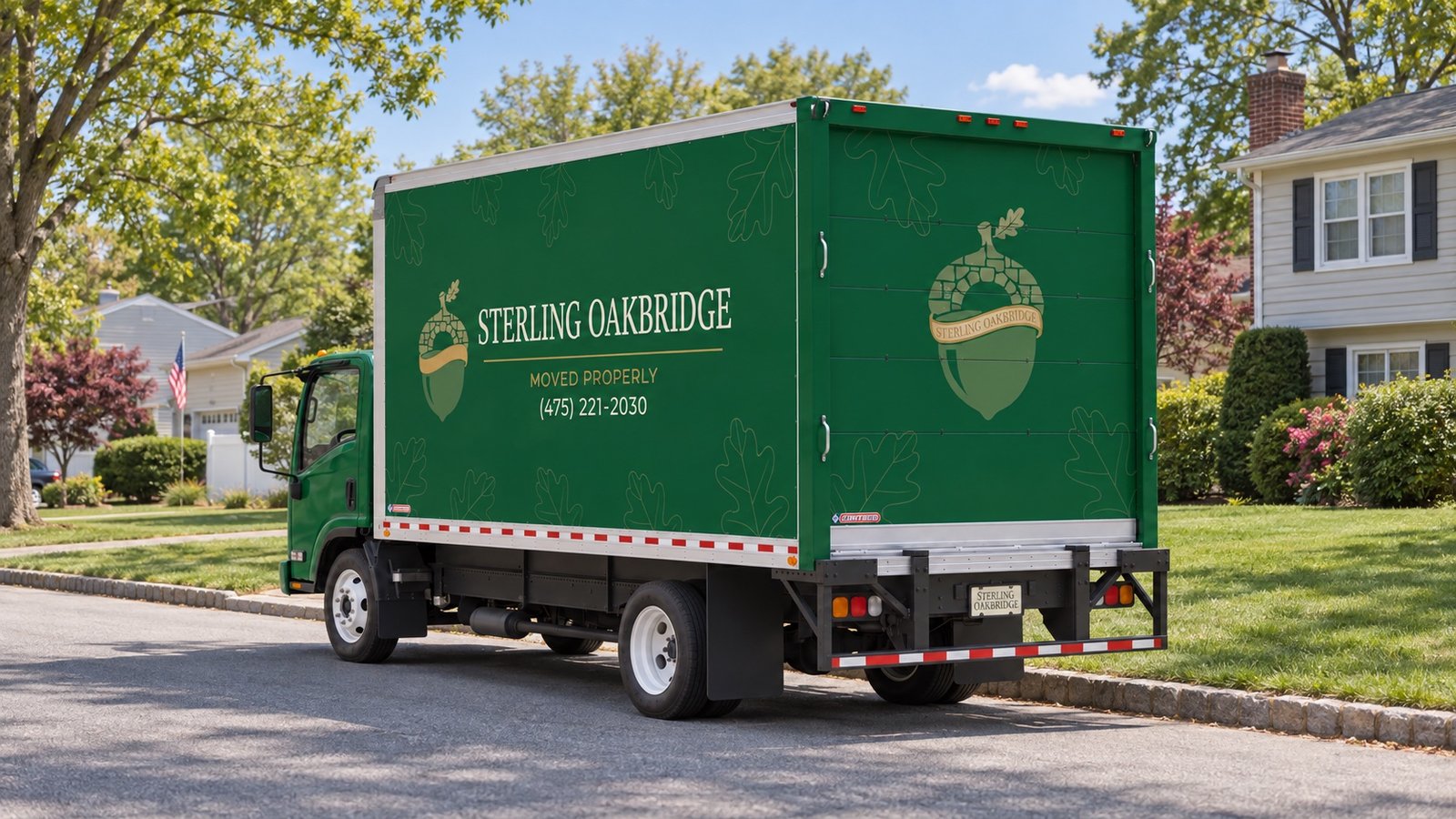 Green Sterling Oakbridge box truck with a closed rear door parked beside a residential curb