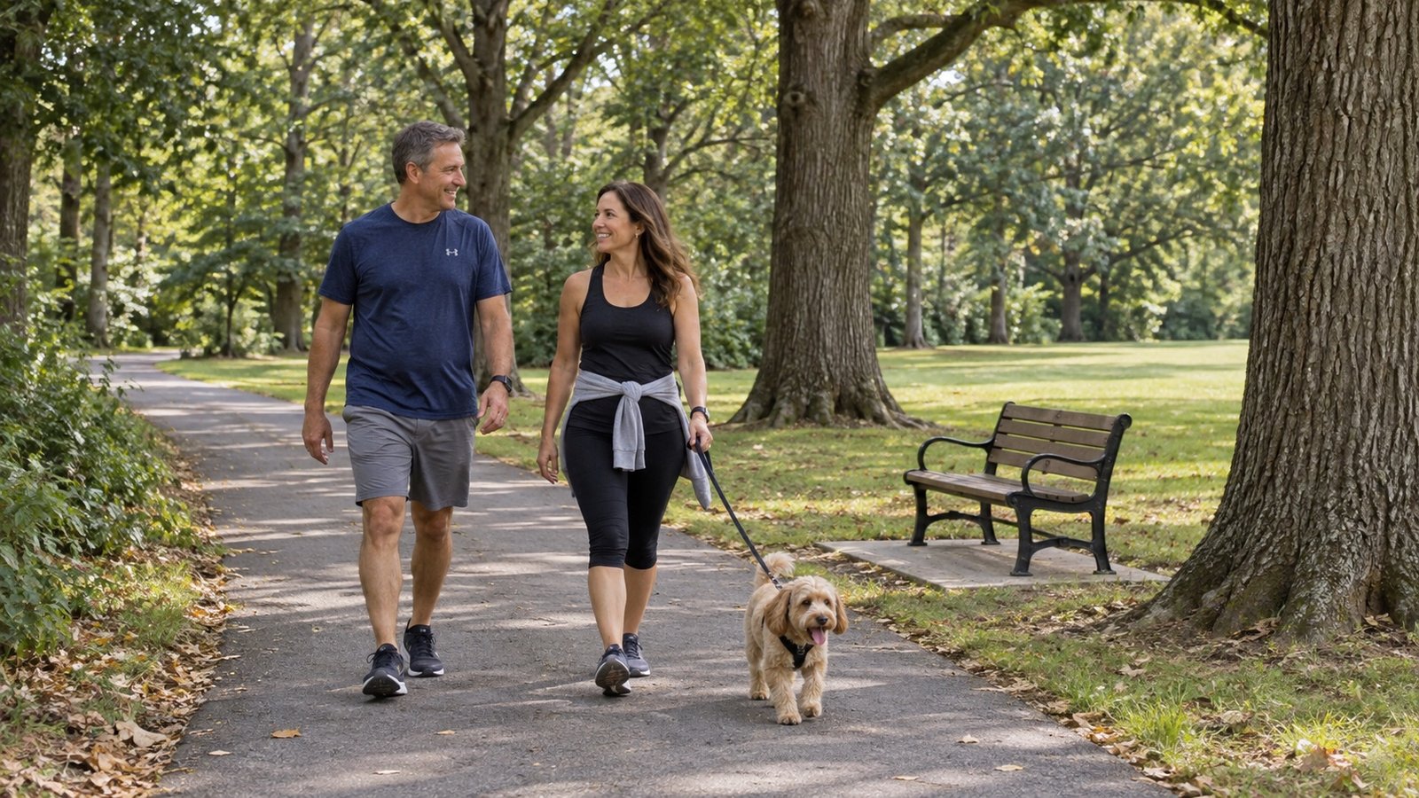 Two adults and a leashed dog walking on a paved wooded path beside a bench