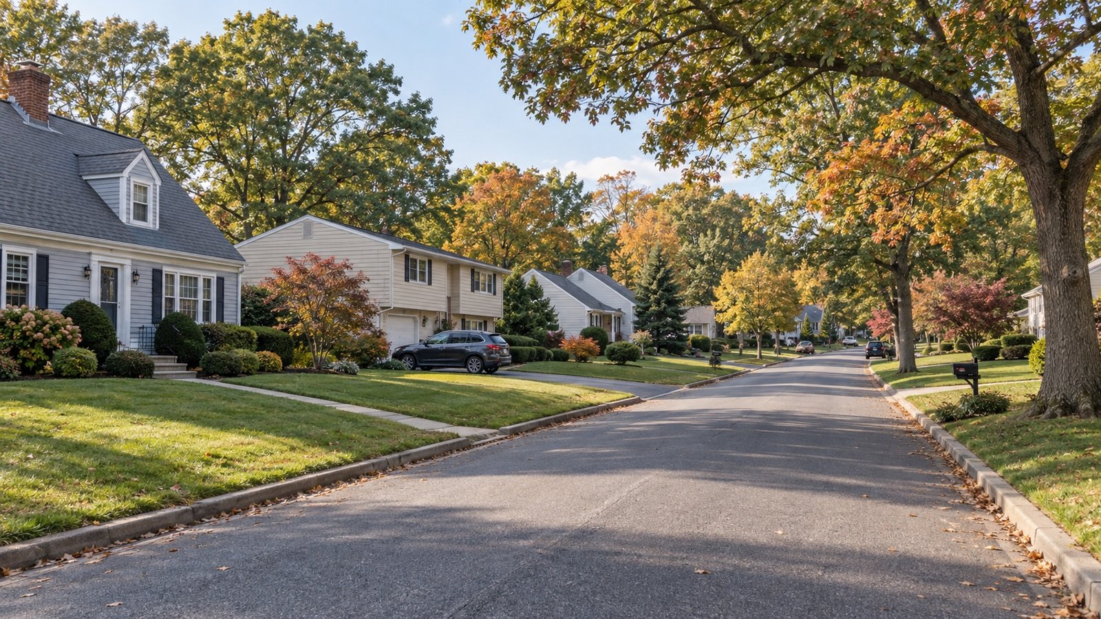 Detached cream and gray houses, lawns, driveways and mature trees along a suburban street