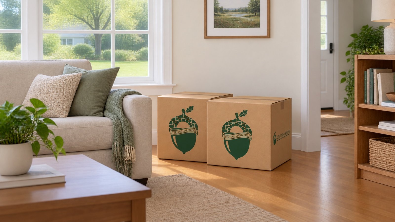 Two closed branded kraft cartons beside a sofa in a bright living room