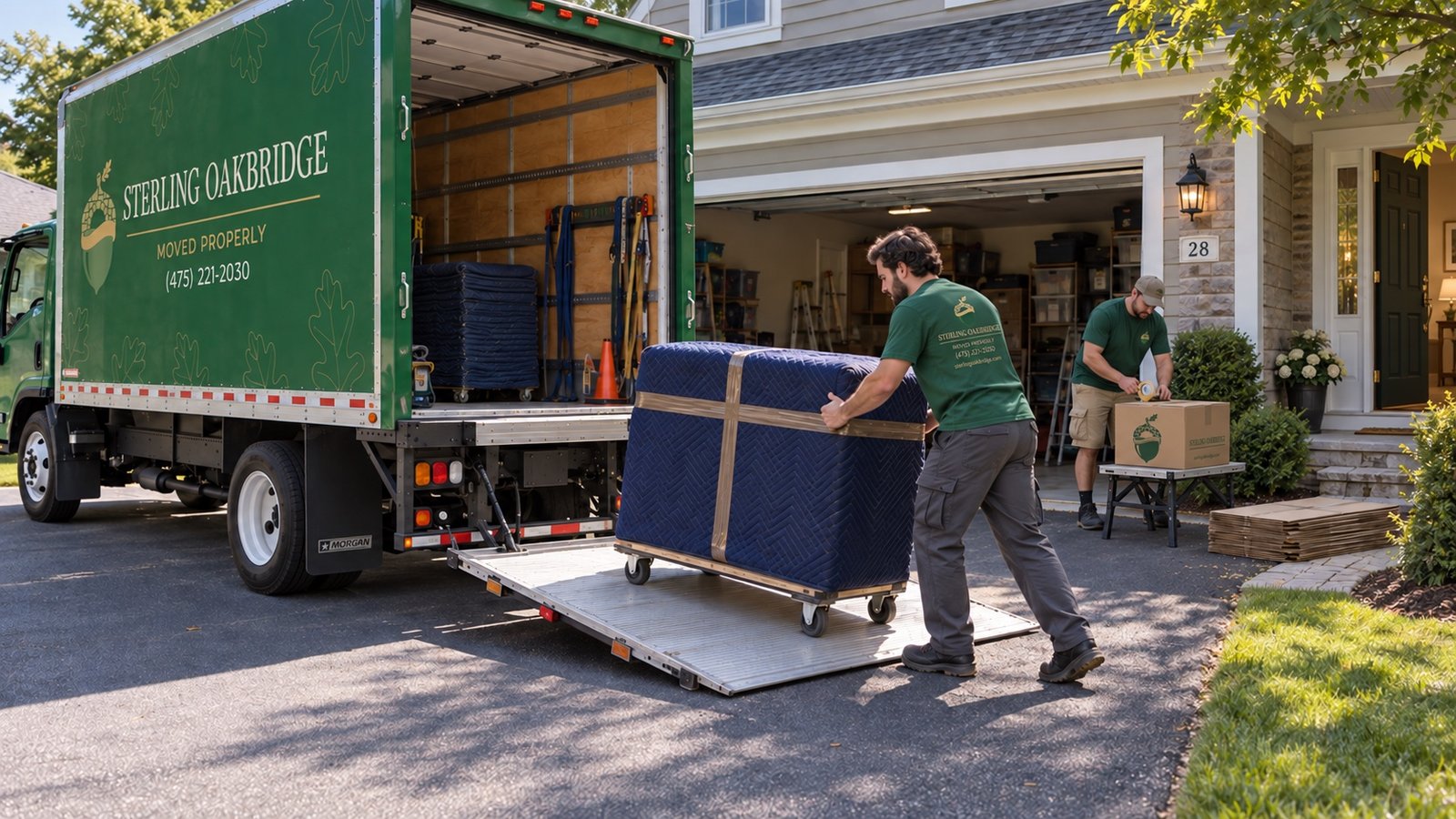 Movers loading a padded dresser by dolly onto a lowered liftgate beside an open garage, with branded packing supplies nearby