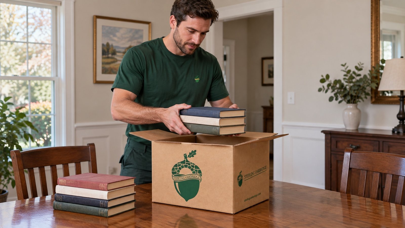Mover in a dark green crewneck shirt holding three books over a small branded kraft carton