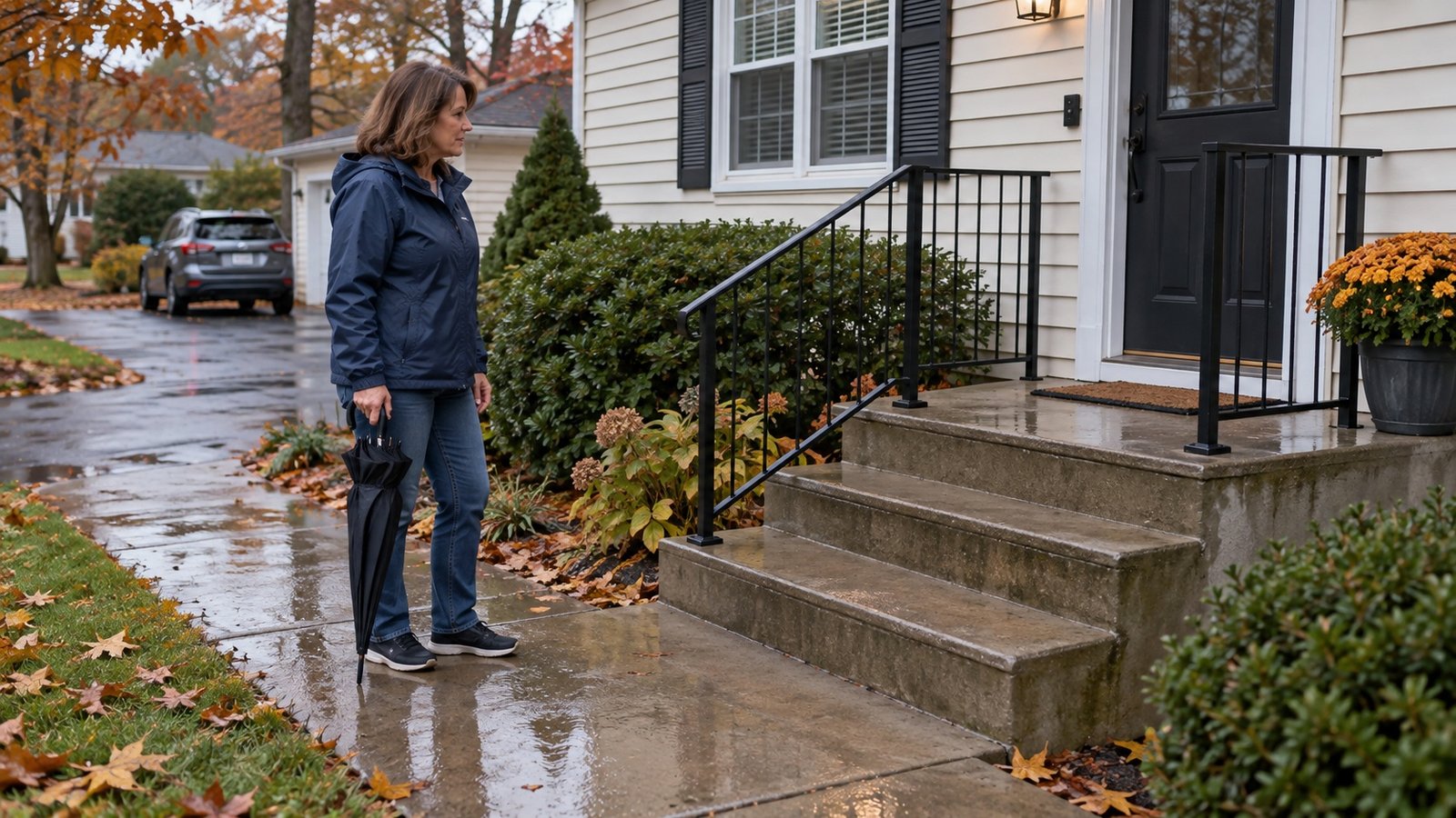 Resident holding a closed umbrella beside wet concrete entrance steps after autumn rain