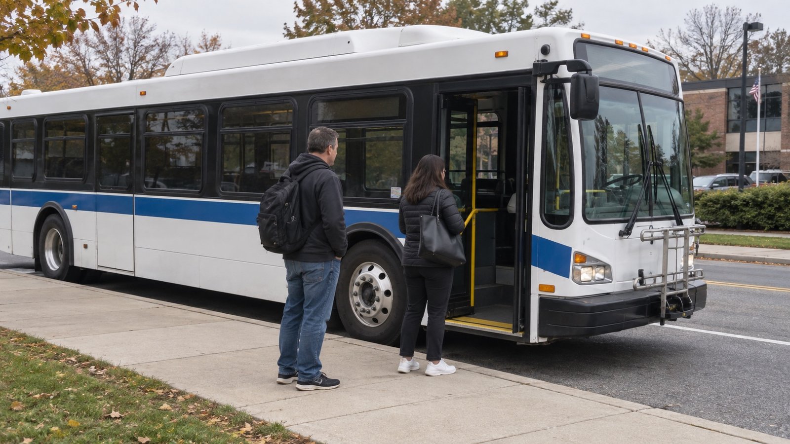 White bus with a blue stripe and an open front door beside two people on a sidewalk