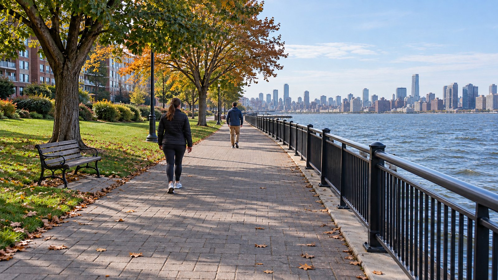 Two residents walk along a continuous riverside path with trees and a bench left, railing and water right, and a distant urban bank.