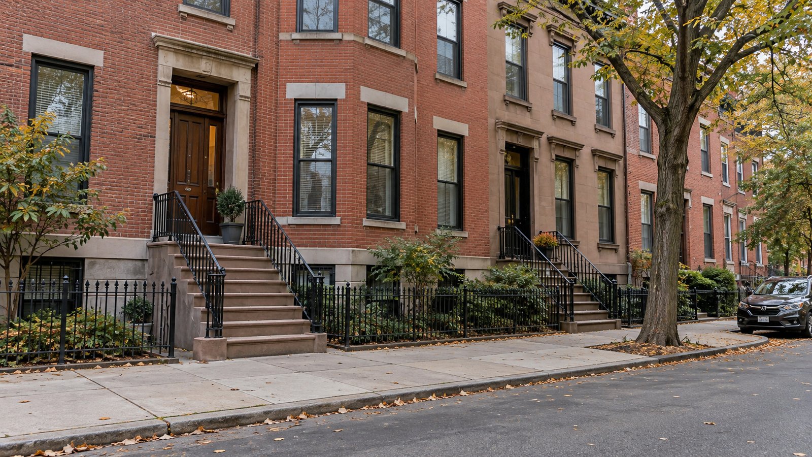 The receiving frontage and street approach Attached brick and brownstone homes with a complete receiving stoop, clear sidewalk and curb.