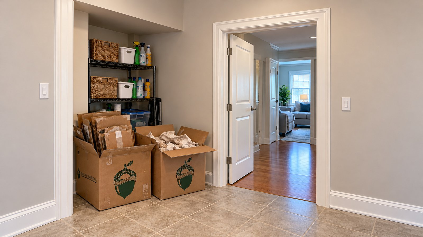 Hold used packaging outside the route Two used open cartons group flattened cardboard and crumpled packing paper beside a clear indoor doorway.