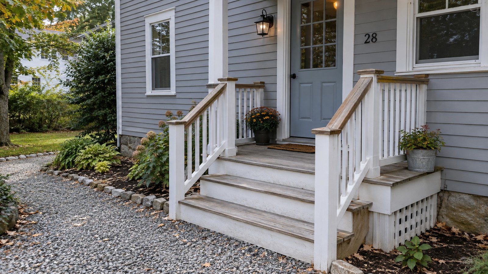 Checking steps and the porch landing A short wooden stair with handrails leading to a house door and porch landing