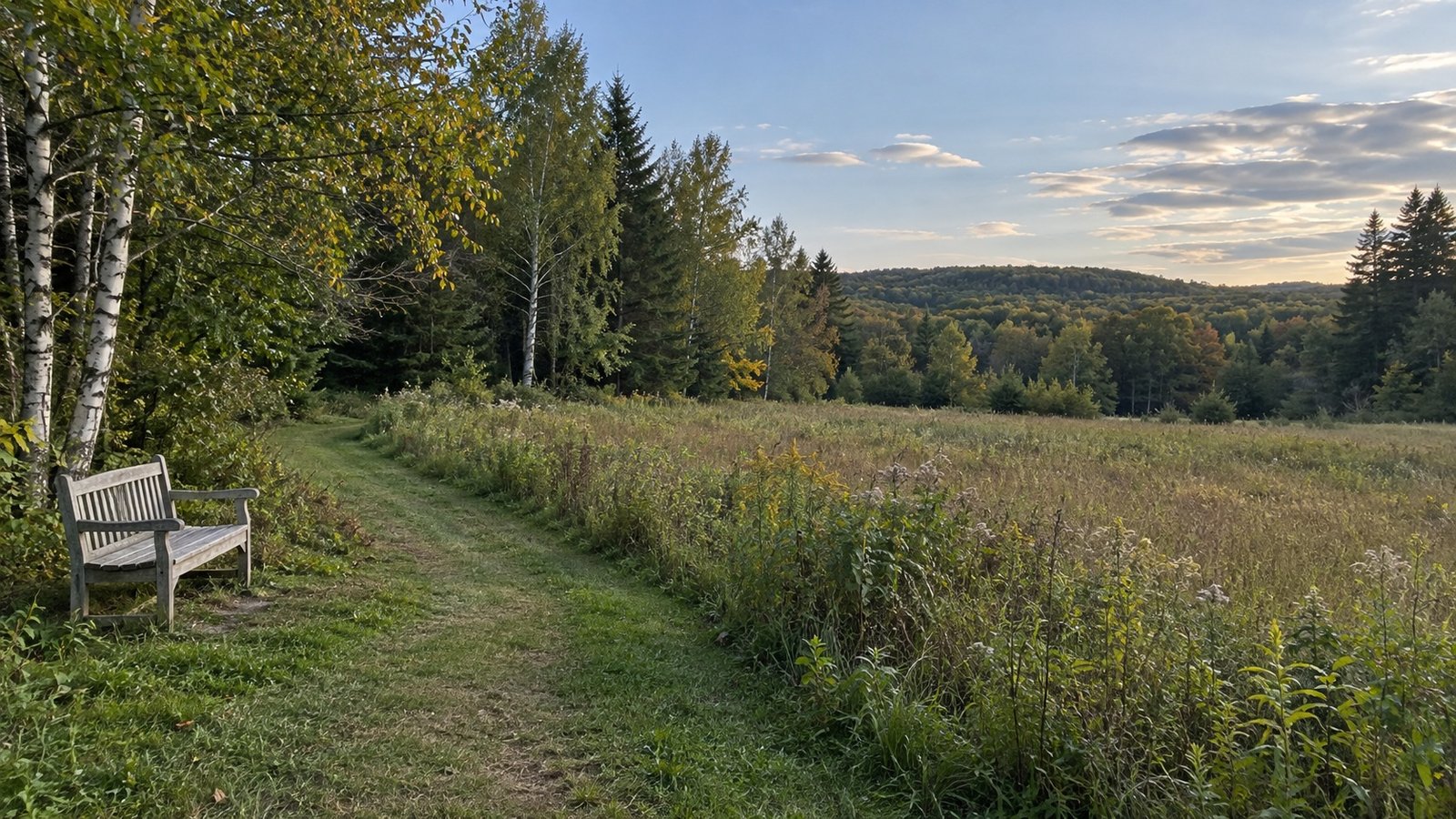 A wooden bench beside a mowed path along a meadow and mixed woodland