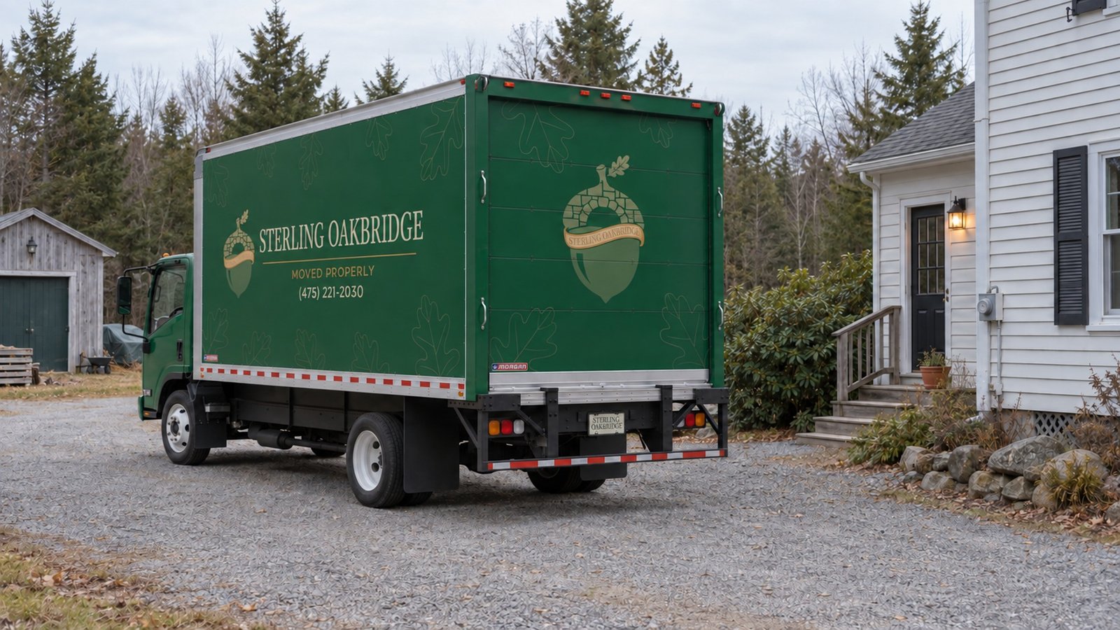 Allowing room behind the vehicle A green Sterling Oakbridge box truck viewed from the rear on a gravel drive beside a house