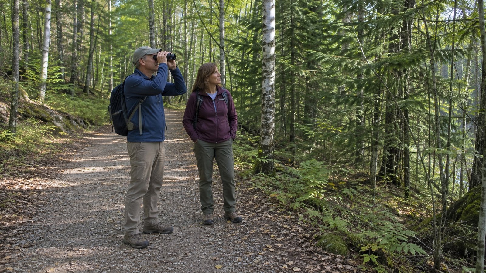 Two adults standing on a woodland path, one looking through binoculars