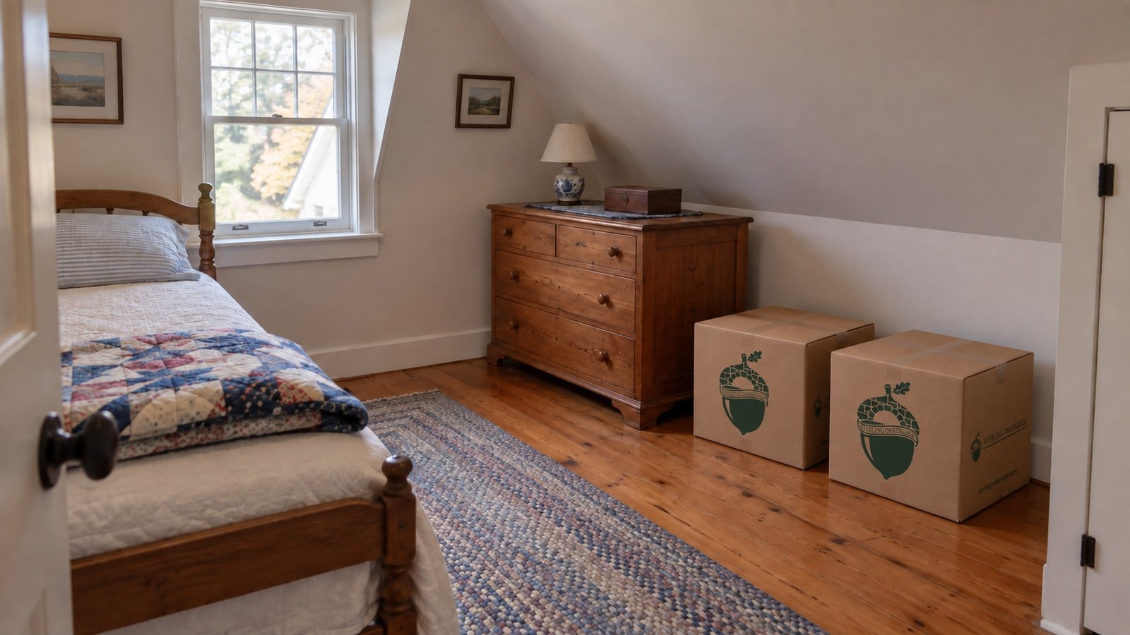 A small bedroom with a sloping ceiling, wooden drawers and two kraft Sterling Oakbridge cartons