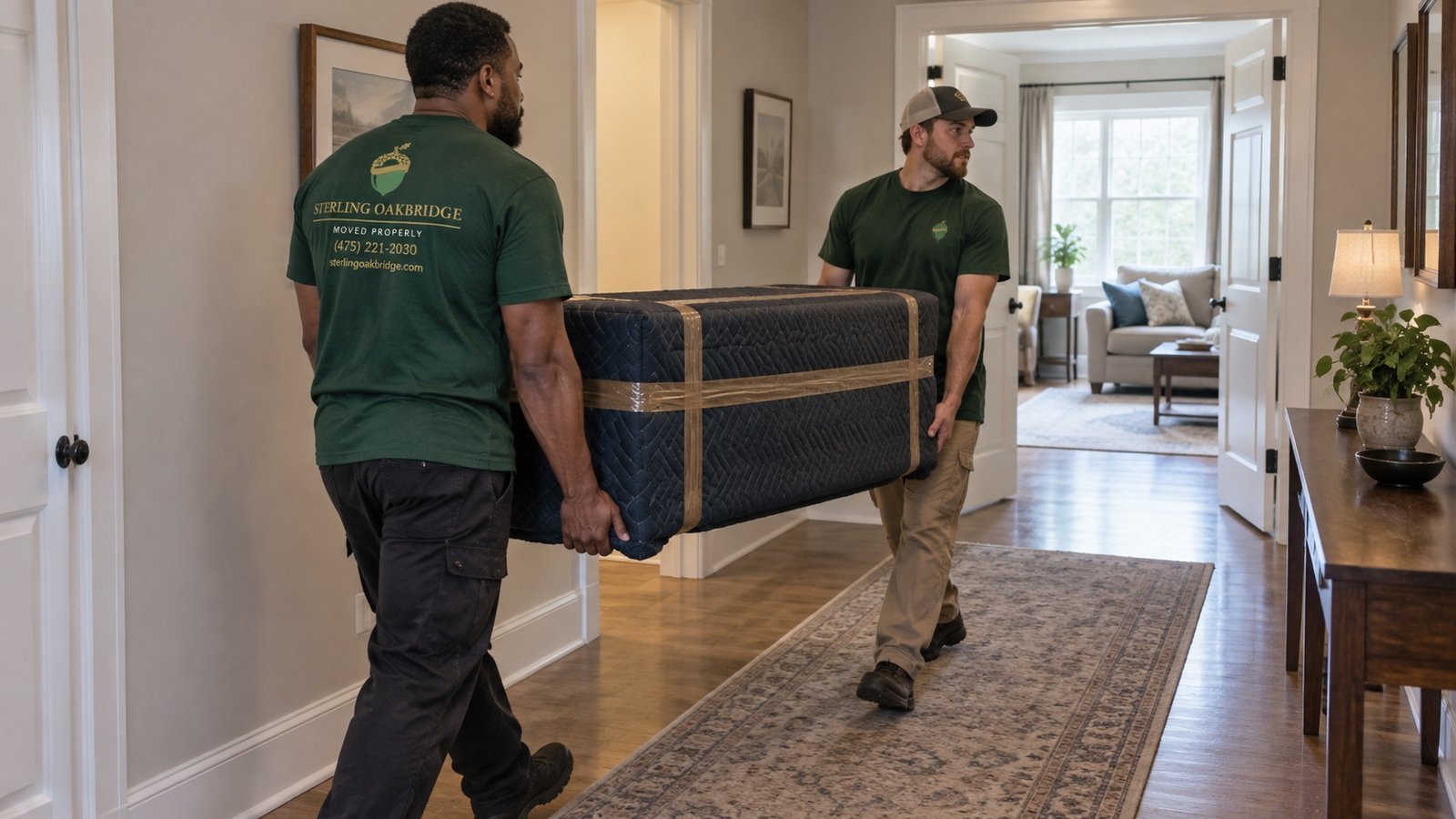 Moving protected furniture through the home Two Sterling Oakbridge movers carrying blanket-wrapped furniture along a hallway