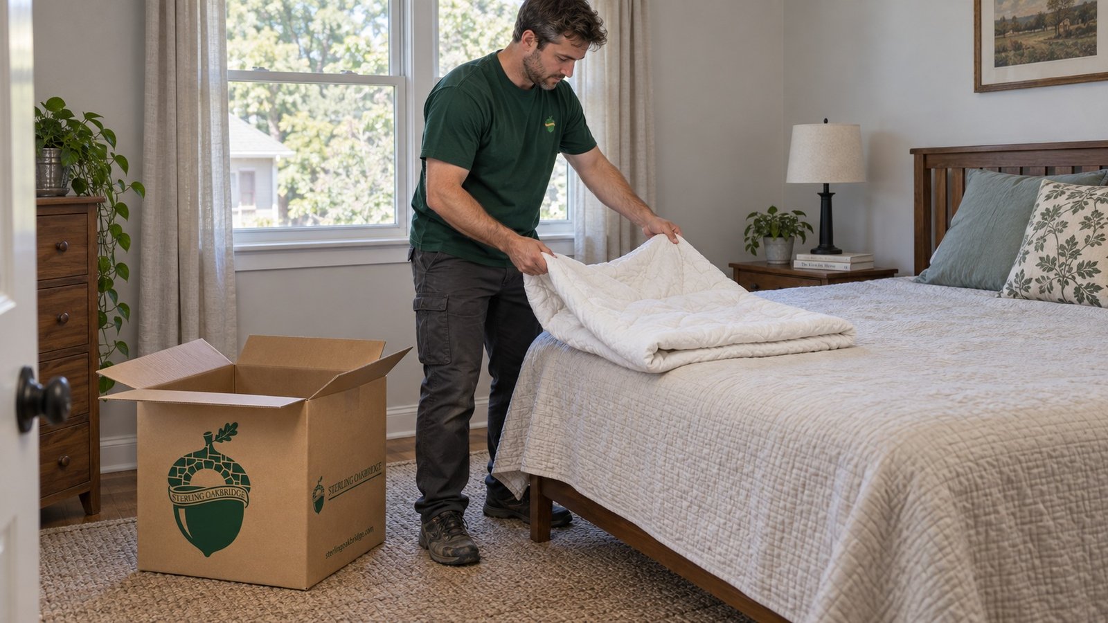 Preparing household linens A Sterling Oakbridge mover folding a quilt on a bed beside an open kraft carton