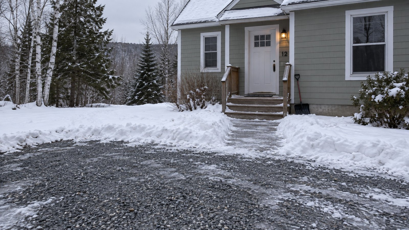 A house entrance with cleared gravel and a shoveled path between low snowbanks