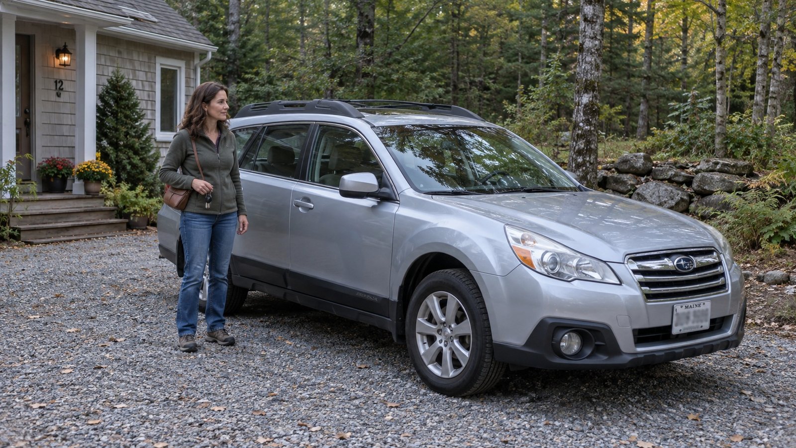A woman holding car keys beside a silver station wagon on a gravel driveway