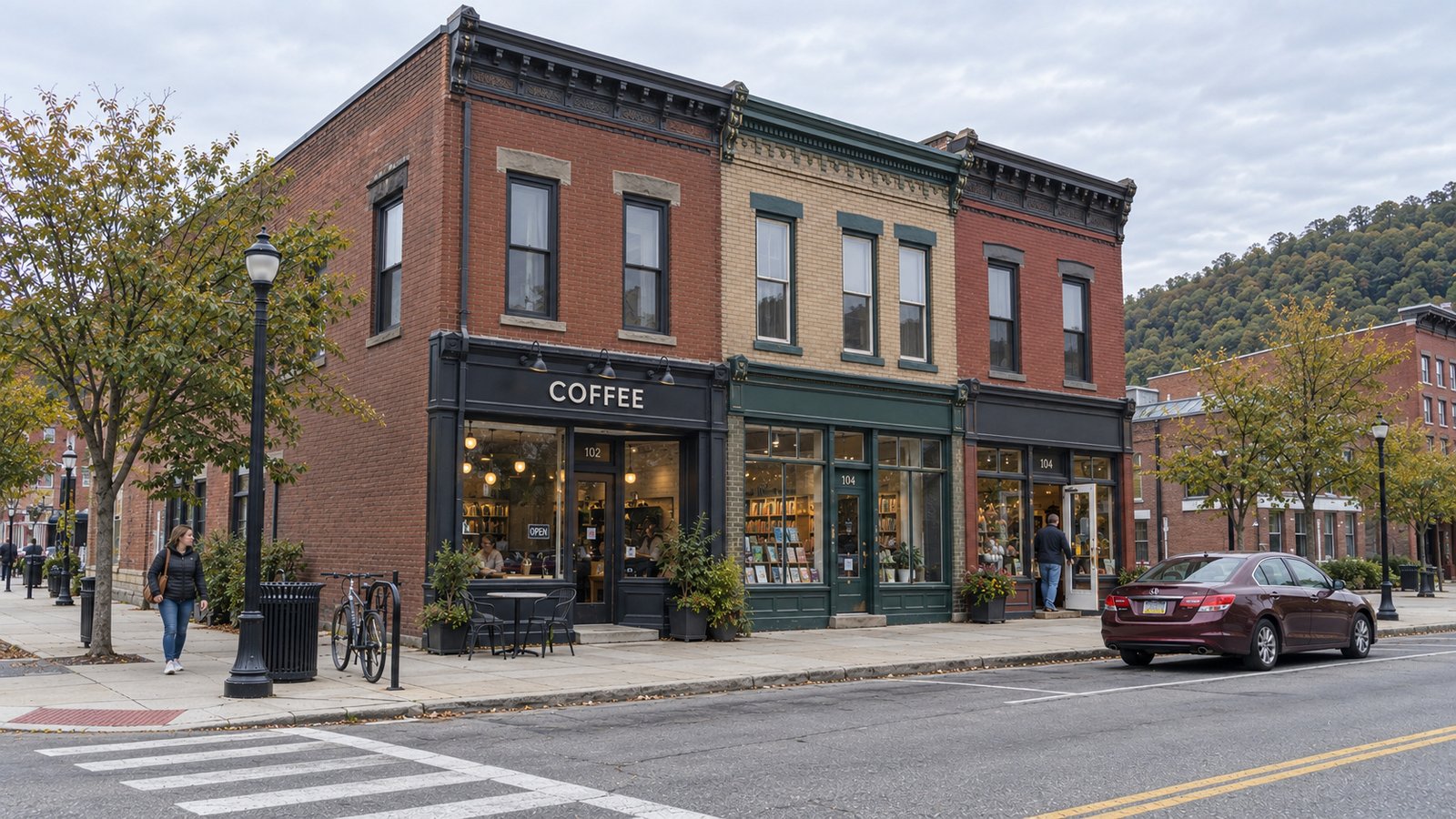 A whole brick coffee-shop frontage, two pedestrians and a complete parallel-parked dark-red sedan.