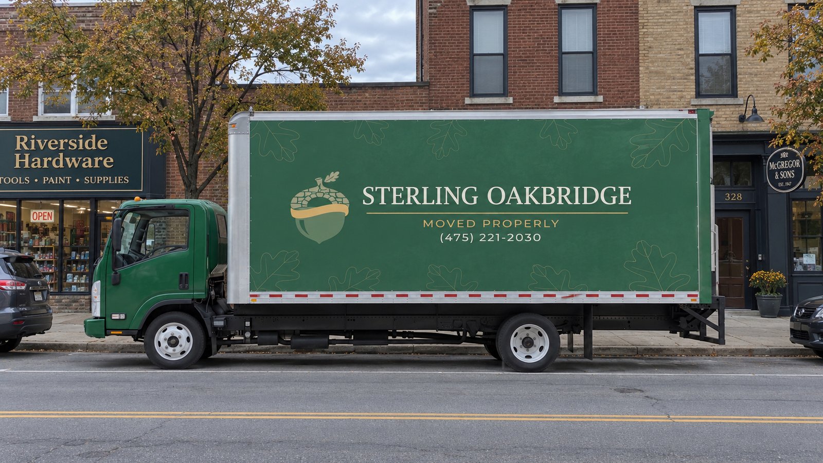 Confirm a usable truck position A whole green Sterling Oakbridge Isuzu NPR20 truck parked parallel to an urban curb.