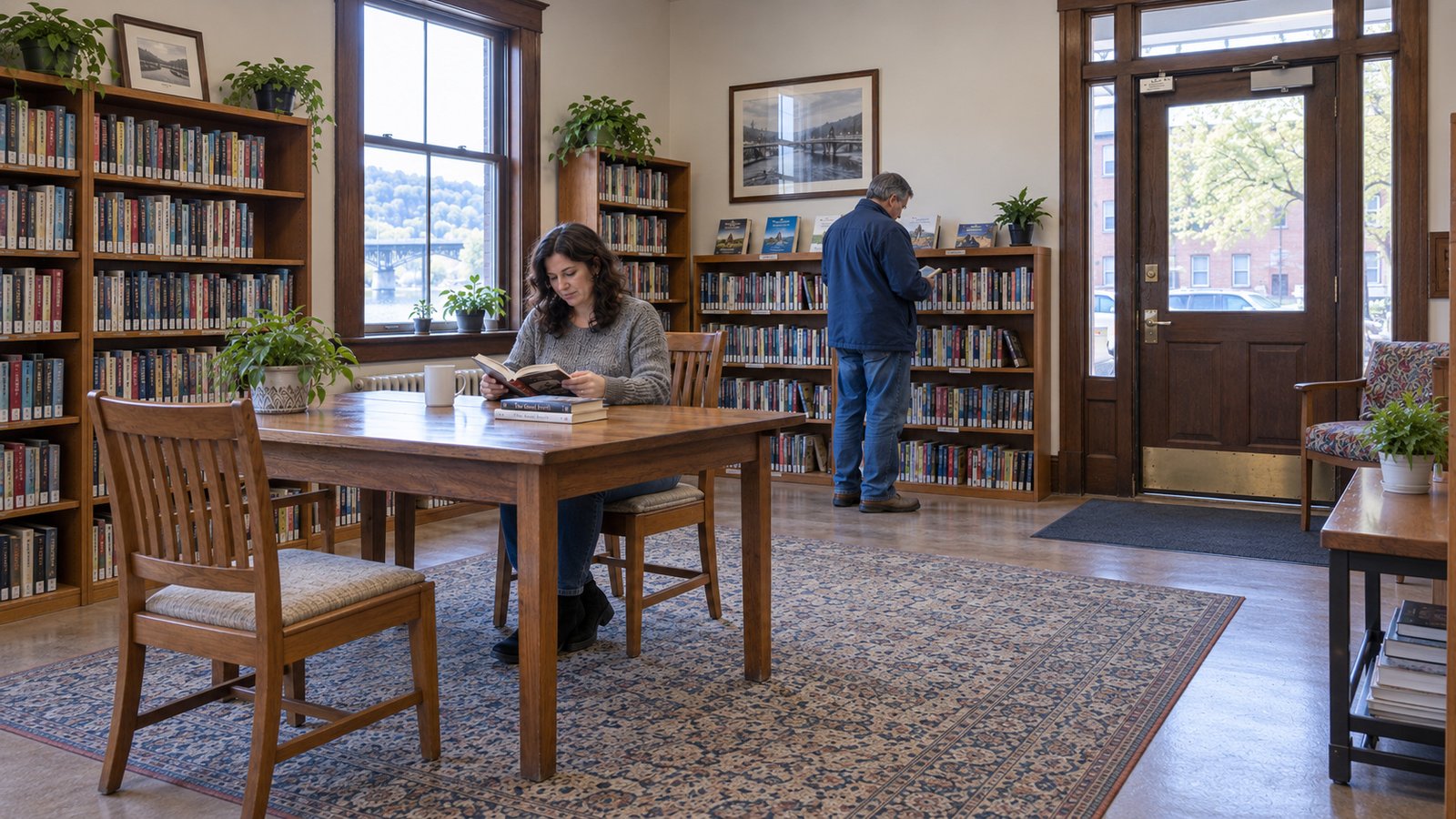 A woman reading at a wooden desk while a man browses books in a modest reading room.