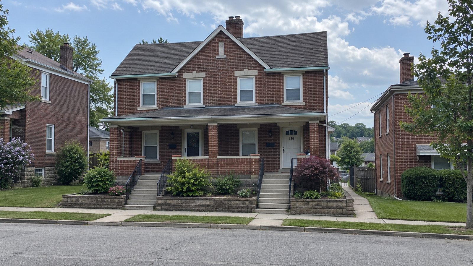 Check the complete outside approach A whole red-brick semi-detached house with two raised front entries and continuous steps.
