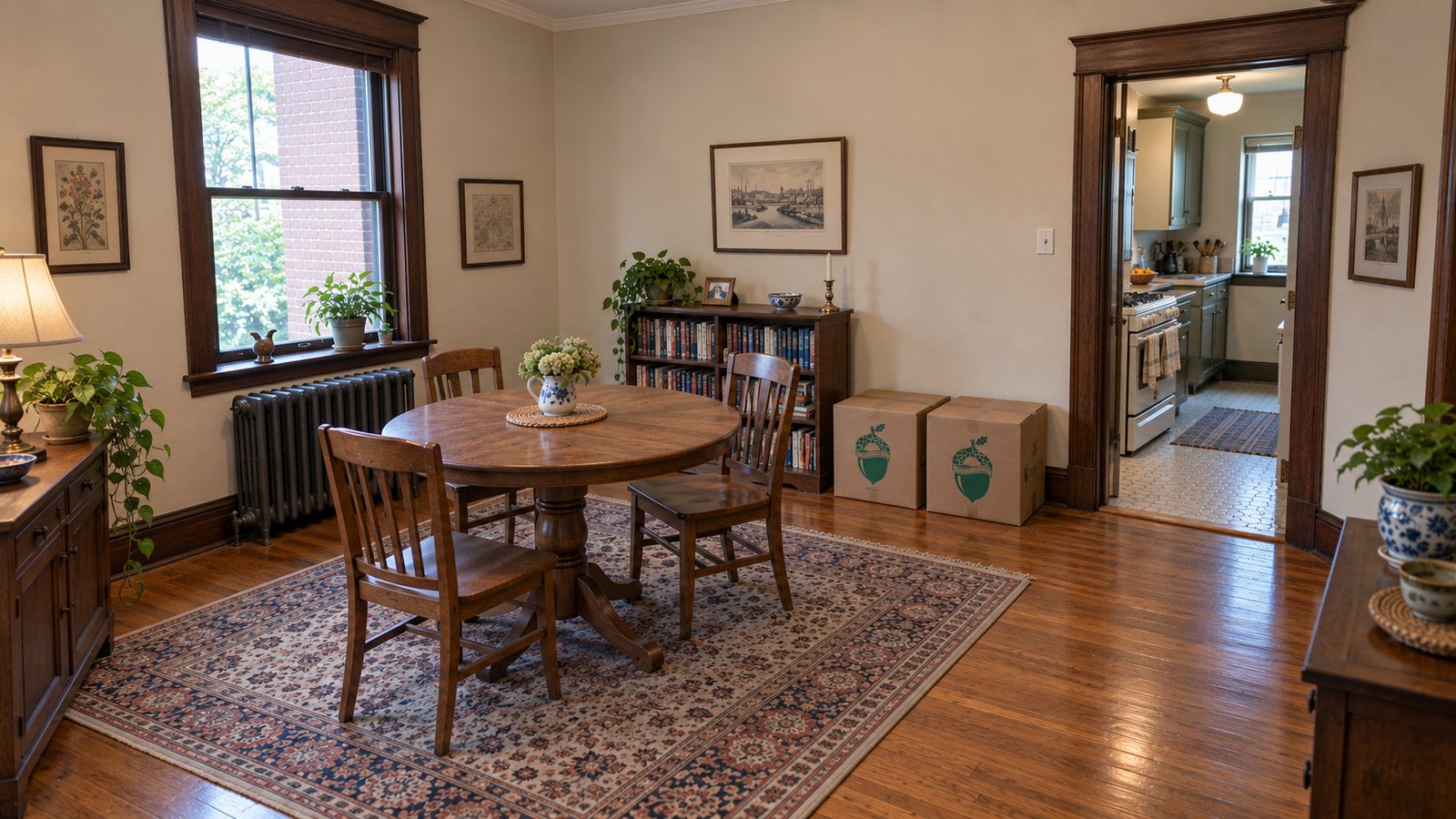 A round pedestal dining table with three chairs and two closed kraft cartons beside a bookcase.