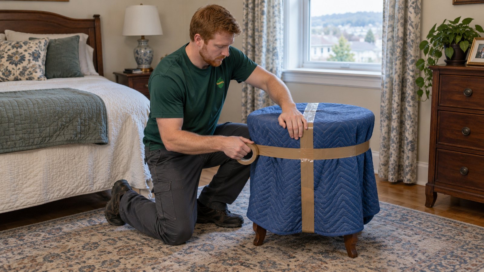 Plan protection for the item A male mover securing a blanket around a small round table with brown packing tape.