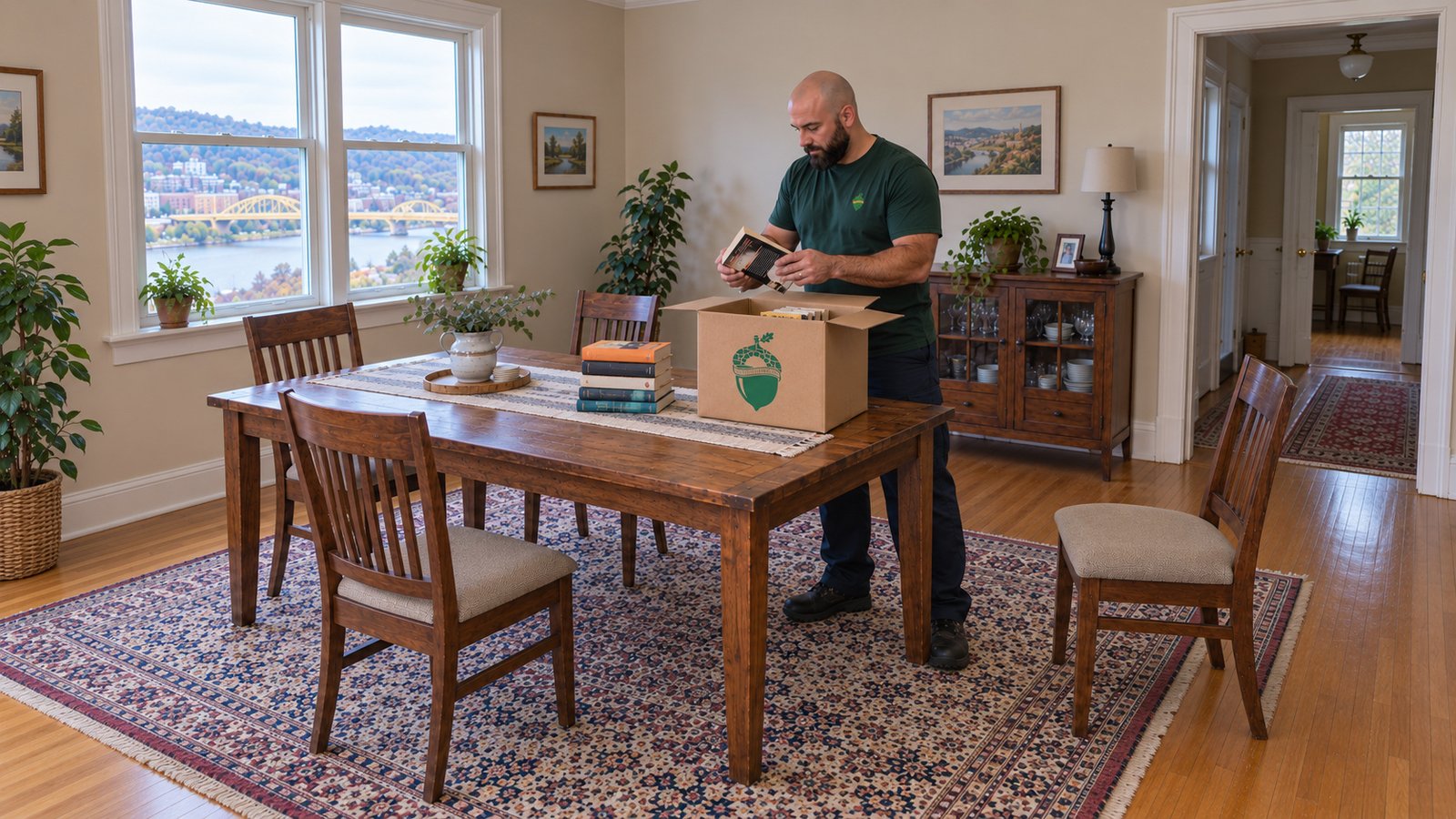 Agree the packing responsibility A male packer holding one book over an open kraft Book carton on a complete dining table.