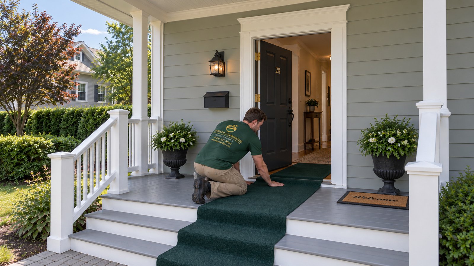 Prepare the entry route A male Sterling Oakbridge mover kneeling on a porch and smoothing a protective runner across an open front-door threshold.