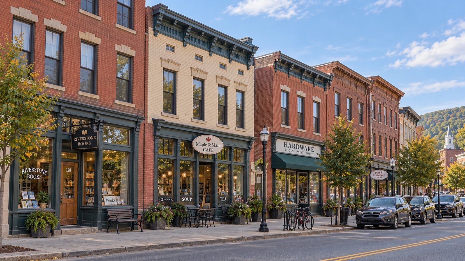 Brick storefronts beside a sloping sidewalk, with a cafe, bookshop, street lamps and parked cars.