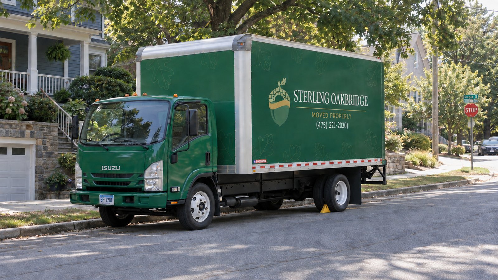 Review the truck position A green Sterling Oakbridge Isuzu box truck parked beside a sloping curb, with a yellow chock against its near rear tire.
