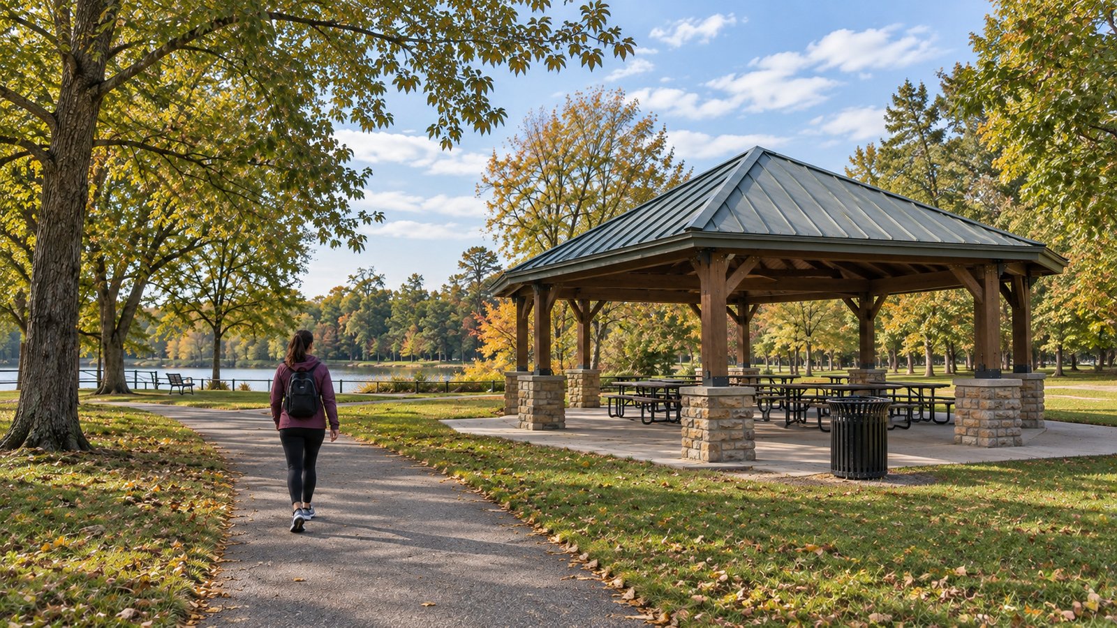 A woman with a backpack walking along a park path beside a pavilion with picnic tables.