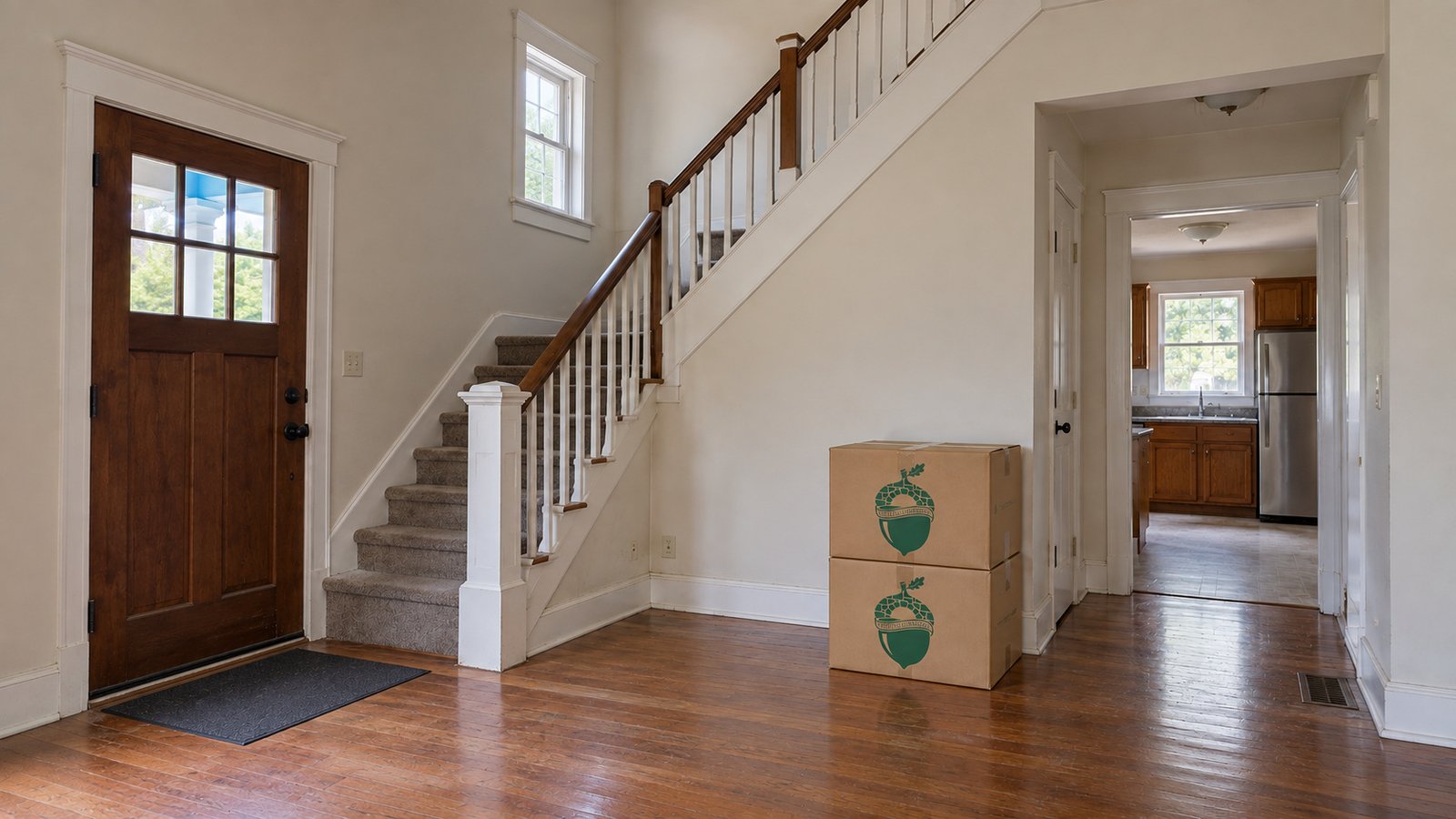 An entry hall with a wooden front door, staircase and two closed kraft cartons stacked beside a wall.