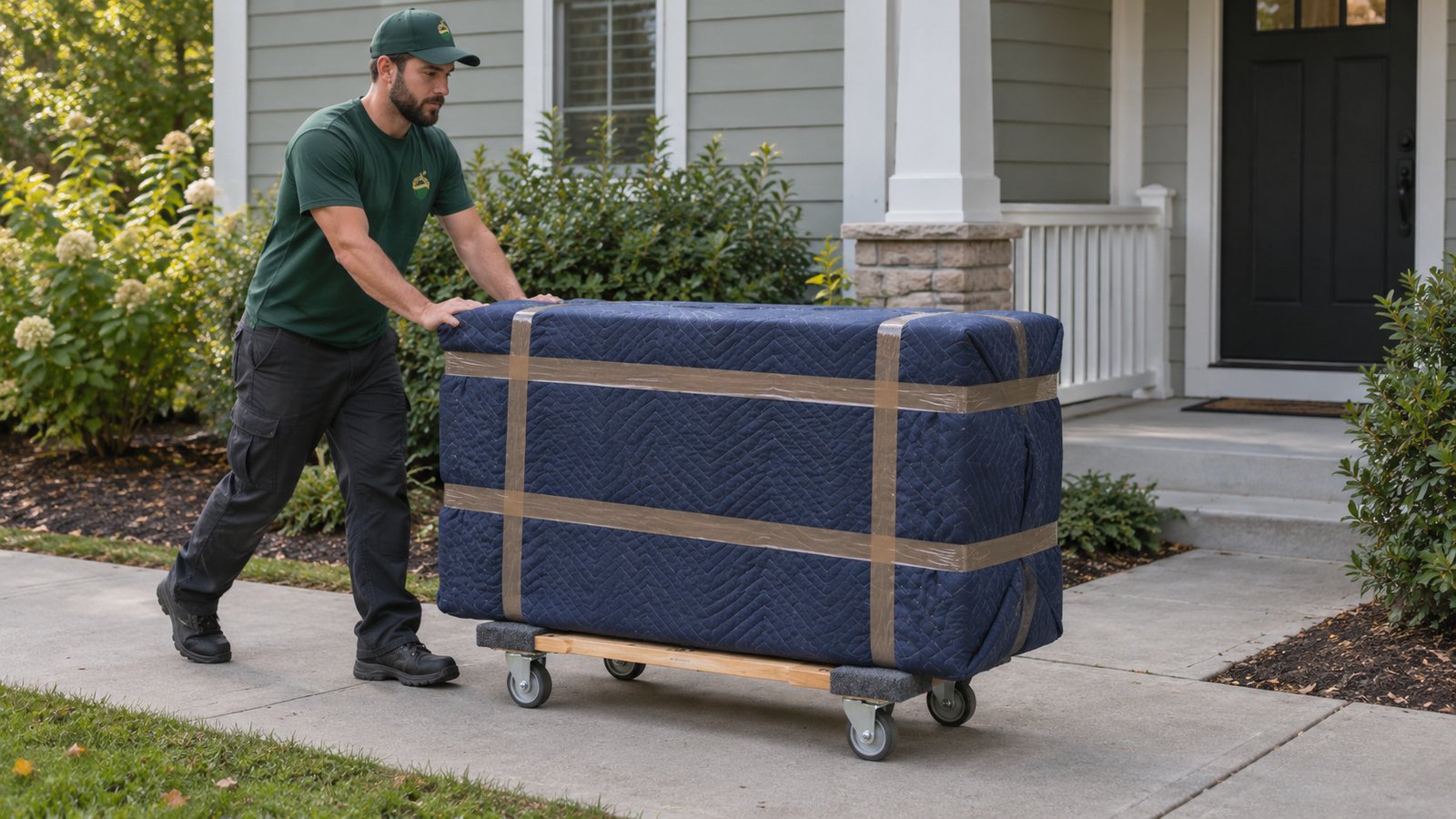 Plan the furniture route A male Sterling Oakbridge mover pushing a blanket-wrapped dresser on an open-frame furniture dolly along a level paved path.