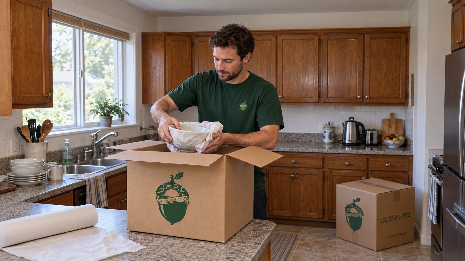 Prepare kitchen contents A male Sterling Oakbridge employee lowering a paper-wrapped bowl into an open kraft carton on a kitchen counter.