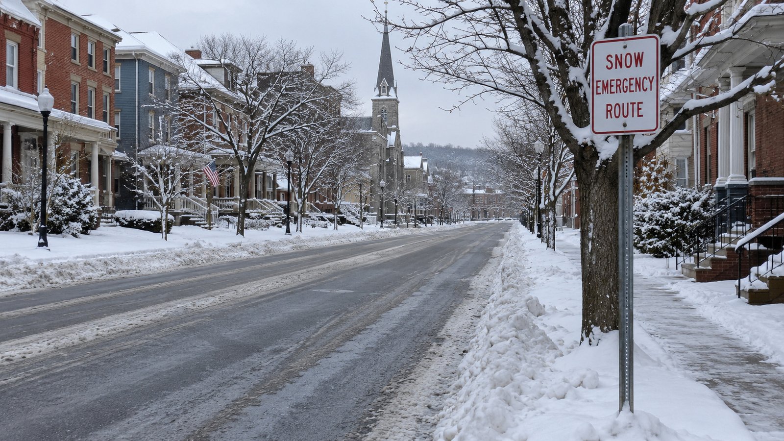 A snow-emergency route sign beside a cleared street, with snow along the curb and buildings beyond.