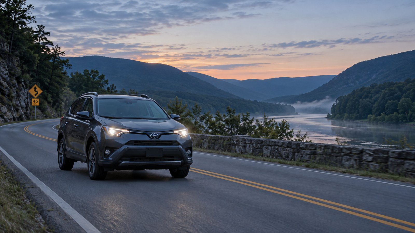 A gray car traveling toward the camera in its lane on a two-lane road beside a river at dawn.