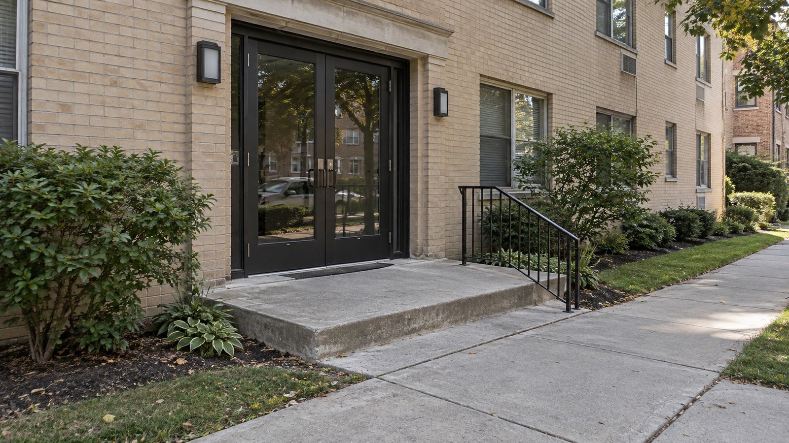 Follow the usable building entry An ordinary shared-building entry with complete double doors, landing and a continuous walkway.