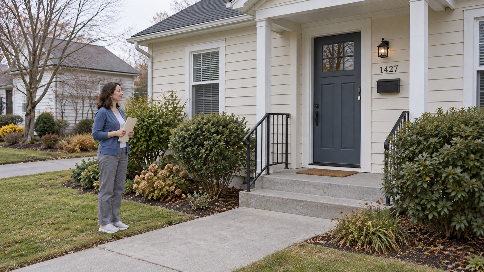 A resident holding a plain folder beside an ordinary house entrance.